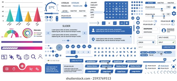 Set of UI UX elements for websites and mobile applications: buttons, forms, menus, panels, icons, login, payment, rating. Modern design for convenient interaction and business planning