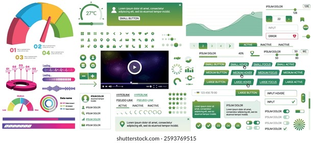 Set of UI UX elements for websites and mobile applications: buttons, forms, menus, panels, icons, login, payment, rating. Modern design for convenient interaction and business planning