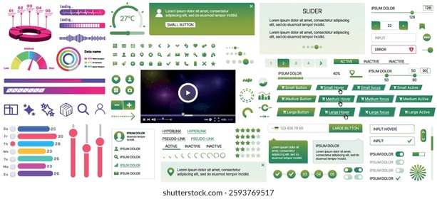 Set of UI UX elements for websites and mobile applications: buttons, forms, menus, panels, icons, login, payment, rating. Modern design for convenient interaction and business planning