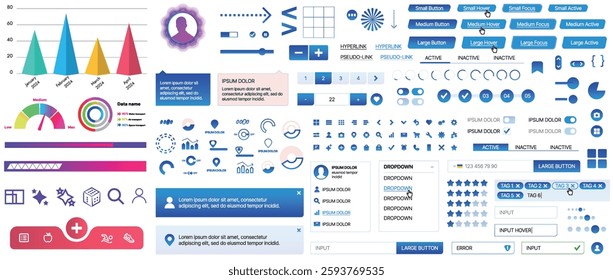 Set of UI UX elements for websites and mobile applications: buttons, forms, menus, panels, icons, login, payment, rating. Modern design for convenient interaction and business planning