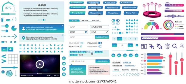 Set of UI UX elements for websites and mobile applications: buttons, forms, menus, panels, icons, login, payment, rating. Modern design for convenient interaction and business planning