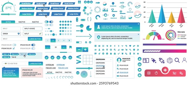 Set of UI UX elements for websites and mobile applications: buttons, forms, menus, panels, icons, login, payment, rating. Modern design for convenient interaction and business planning