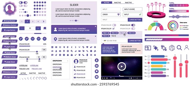 Set of UI UX elements for websites and mobile applications: buttons, forms, menus, panels, icons, login, payment, rating. Modern design for convenient interaction and business planning