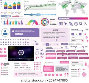 Set of UI UX elements for websites and mobile applications: buttons, forms, menus, panels, icons, login, payment, rating. Modern design for convenient interaction and business planning