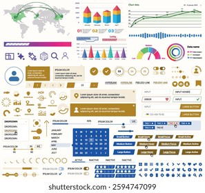 Set of UI UX elements for websites and mobile applications: buttons, forms, menus, panels, icons, login, payment, rating. Modern design for convenient interaction and business planning
