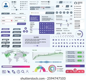 Set of UI UX elements for websites and mobile applications: buttons, forms, menus, panels, icons, login, payment, rating. Modern design for convenient interaction and business planning