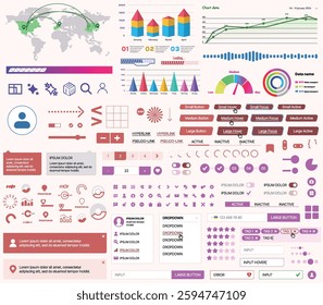 Set of UI UX elements for websites and mobile applications: buttons, forms, menus, panels, icons, login, payment, rating. Modern design for convenient interaction and business planning