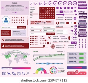Set of UI UX elements for websites and mobile applications: buttons, forms, menus, panels, icons, login, payment, rating. Modern design for convenient interaction and business planning