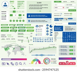 Set of UI UX elements for websites and mobile applications: buttons, forms, menus, panels, icons, login, payment, rating. Modern design for convenient interaction and business planning