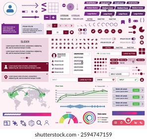 Set of UI UX elements for websites and mobile applications: buttons, forms, menus, panels, icons, login, payment, rating. Modern design for convenient interaction and business planning