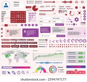 Set of UI UX elements for websites and mobile applications: buttons, forms, menus, panels, icons, login, payment, rating. Modern design for convenient interaction and business planning