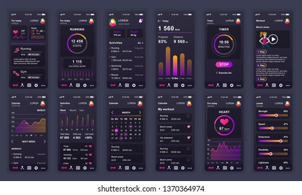 Set of UI, UX, GUI screens Fitness app flat design template for mobile apps, responsive website wireframes. Web design UI kit. Fitness Dashboard.