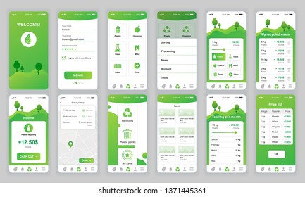 Set of UI, UX, GUI screens Ecology app flat design template for mobile apps, responsive website wireframes. Web design UI kit. Ecology Dashboard.