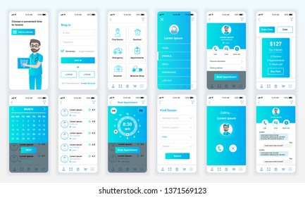 Set of UI, UX, GUI screens Medicine app flat design template for mobile apps, responsive website wireframes. Web design UI kit. Medicine Dashboard.