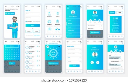 Set Of UI, UX, GUI Screens Medicine App Flat Design Template For Mobile Apps, Responsive Website Wireframes. Web Design UI Kit. Medicine Dashboard.