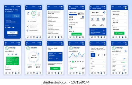 Set of UI, UX, GUI screens Banking app flat design template for mobile apps, responsive website wireframes. Web design UI kit. Banking Dashboard.