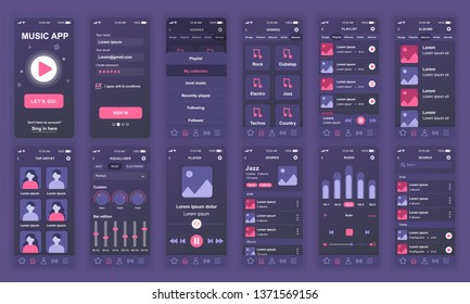 Set of UI, UX, GUI screens Music app flat design template for mobile apps, responsive website wireframes. Web design UI kit. Music Dashboard.