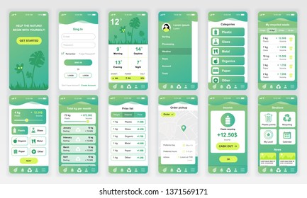 Set of UI, UX, GUI screens Ecology app flat design template for mobile apps, responsive website wireframes. Web design UI kit. Ecology Dashboard.