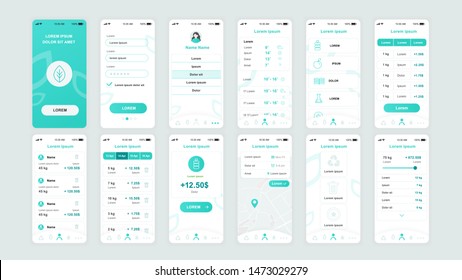 Set of UI, UX, GUI screens Ecology app flat design template for mobile apps, responsive website wireframes. Web design UI kit. Ecology Dashboard.