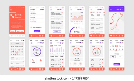 Set Of UI, UX, GUI Screens Fitness App Flat Design Template For Mobile Apps, Responsive Website Wireframes. Web Design UI Kit. Fitness Dashboard.