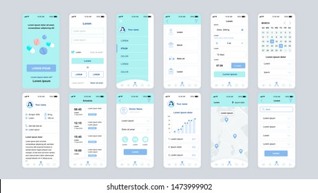 Set of UI, UX, GUI screens Medicine app flat design template for mobile apps, responsive website wireframes. Web design UI kit. Medicine Dashboard.