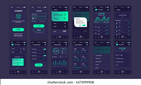 Set of UI, UX, GUI screens Cryptocurrency app flat design template for mobile apps, responsive website wireframes. Web design UI kit. Cryptocurrency Dashboard.