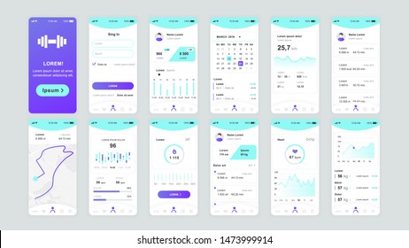 Set of UI, UX, GUI screens Fitness app flat design template for mobile apps, responsive website wireframes. Web design UI kit. Fitness Dashboard.