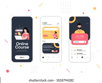 Set Of UI, UX, GUI Screens Online Course App Flat Design Template For Mobile Apps, Responsive Website Wireframes. Web Design UI Kit. Online Course Dashboard.