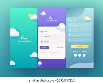 Set Of UI, UX, GUI Screens Weather App Including Like As Sign In, Sign Up For Mobile Application Or Responsive Website.