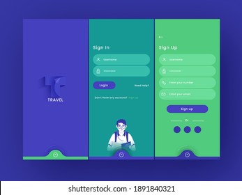 Benutzeroberflächen-Set, UX, GUI-Bildschirme, Travel-App, einschließlich als Account erstellen, anmelden und für mobile Anwendungen registrieren.