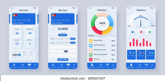 Set of UI, UX, GUI screens Banking app flat design template for mobile apps. Unique neumorphic ui ux design kit. Responsive website wireframes. Checking accounts and transaction confirmation. Mockup