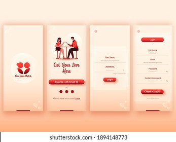 Set Of UI, UX, GUI Screens Perfect Match Or Dating App Including Create Account, Login, Sign Up.