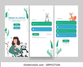 Set Of UI, UX, GUI Screens App Such As Login, Create Account, Signup For Adopt An Animal Mobile Application.