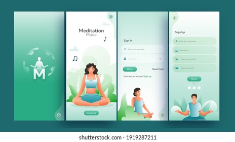 Set Of UI, UX, GUI Screens Meditation Music App Including Sign In, Create Account And Sign Up For Responsive Website.