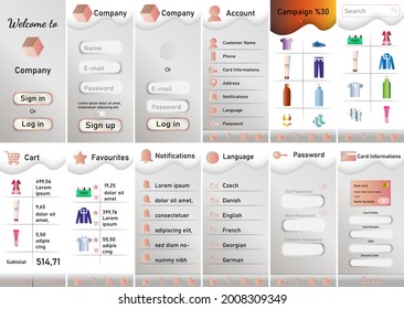 Set of UI, UX, GUI screens Shopping app flat design template for IOS UI kit.  Shopping Dashboard. Shopping app mobile UI design in pink and white tone,