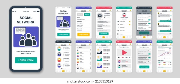 Set of UI, UX, GUI screens Social Network app flat design template for mobile apps, responsive website wireframes. Web design UI kit. Social Network Dashboard.