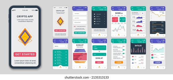 Set of UI, UX, GUI screens Cryptocurrency app flat design template for mobile apps, responsive website wireframes. Web design UI kit. Cryptocurrency Dashboard.