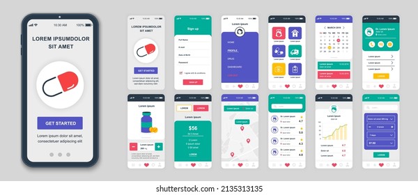 Set of UI, UX, GUI screens Medicine app flat design template for mobile apps, responsive website wireframes. Web design UI kit. Medicine Dashboard.