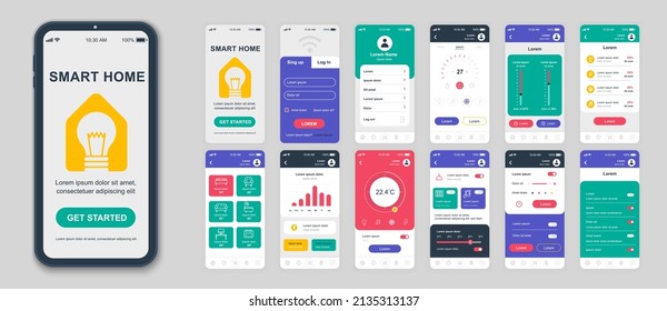 Set of UI, UX, GUI screens Smart Home app flat design template for mobile apps, responsive website wireframes. Web design UI kit. Smart Home Dashboard.