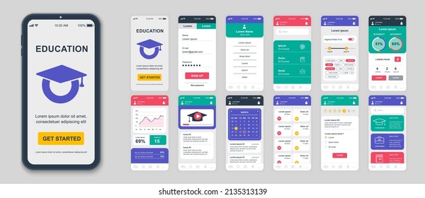 Set of UI, UX, GUI screens Education app flat design template for mobile apps, responsive website wireframes. Web design UI kit. Education Dashboard.