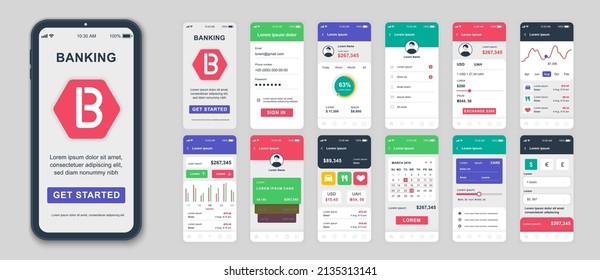 Set of UI, UX, GUI screens Banking app flat design template for mobile apps, responsive website wireframes. Web design UI kit. Banking Dashboard.