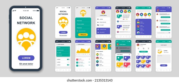 Set of UI, UX, GUI screens Social Network app flat design template for mobile apps, responsive website wireframes. Web design UI kit. Social Network Dashboard.