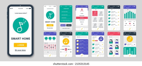 Set of UI, UX, GUI screens Music app flat design template for mobile apps, responsive website wireframes. Web design UI kit. Music Dashboard.