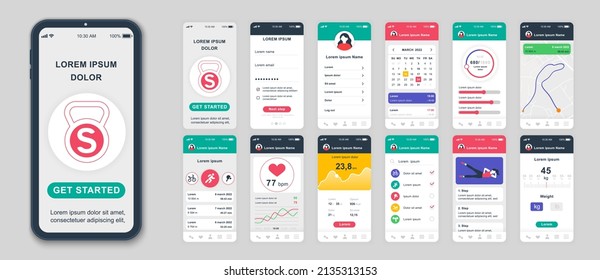 Set of UI, UX, GUI screens Fitness app flat design template for mobile apps, responsive website wireframes. Web design UI kit. Fitness Dashboard.