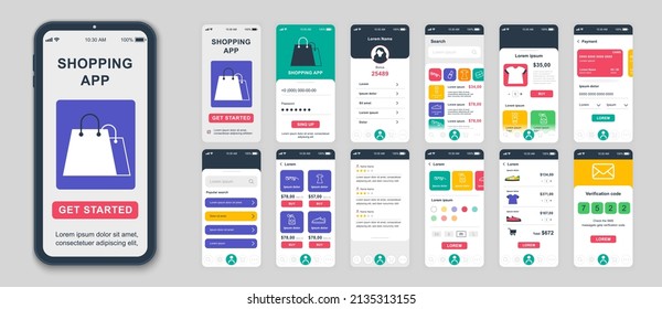 Set of UI, UX, GUI screens Shopping app flat design template for mobile apps, responsive website wireframes. Web design UI kit. Shopping Dashboard.