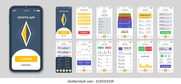 Set of UI, UX, GUI screens Cryptocurrency app flat design template for mobile apps, responsive website wireframes. Web design UI kit. Cryptocurrency Dashboard.