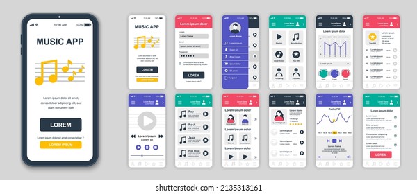 Conjunto de interfaces de usuario, UX, pantallas GUI Aplicación de música plantilla de diseño para aplicaciones móviles, wireframes de sitio receptivos. Kit de interfaz de usuario de diseño web. Panel de música.