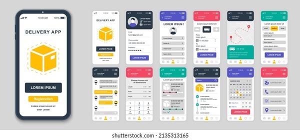 Set of UI, UX, GUI screens Delivery app flat design template for mobile apps, responsive website wireframes. Web design UI kit. Delivery Dashboard.
