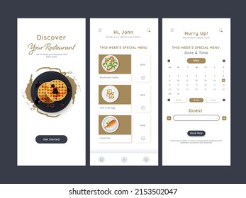 Set Of UI, UX, GUI Screens Restaurant Book A Table Or Reservation For Advertising.
