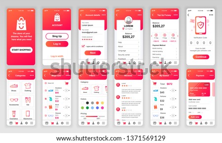 Set of UI, UX, GUI screens Shopping app flat design template for mobile apps, responsive website wireframes. Web design UI kit. Shopping Dashboard.